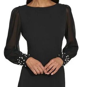 Black Long Sleeve Pearl-Cuff Sheath Dress